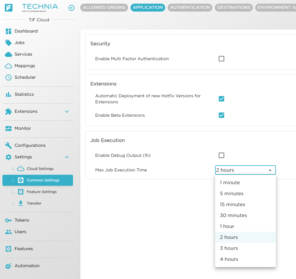 application settings